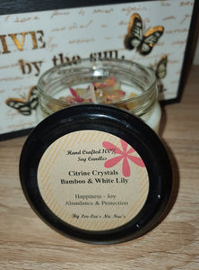Citrine Crystal Soy Candle - Bamboo & White Lily